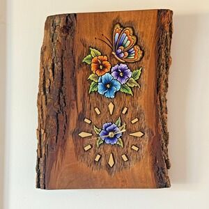 Vintage Live Edge Wood Wall Clock Hand Carve Hand Painted Butterfly Signed 3/83